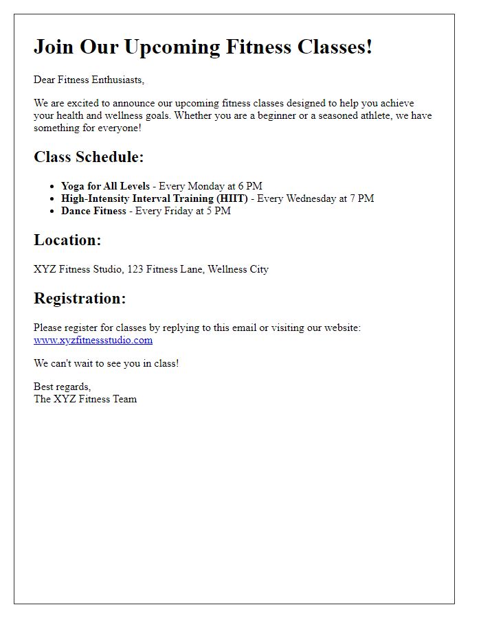 Letter template of upcoming fitness class announcements