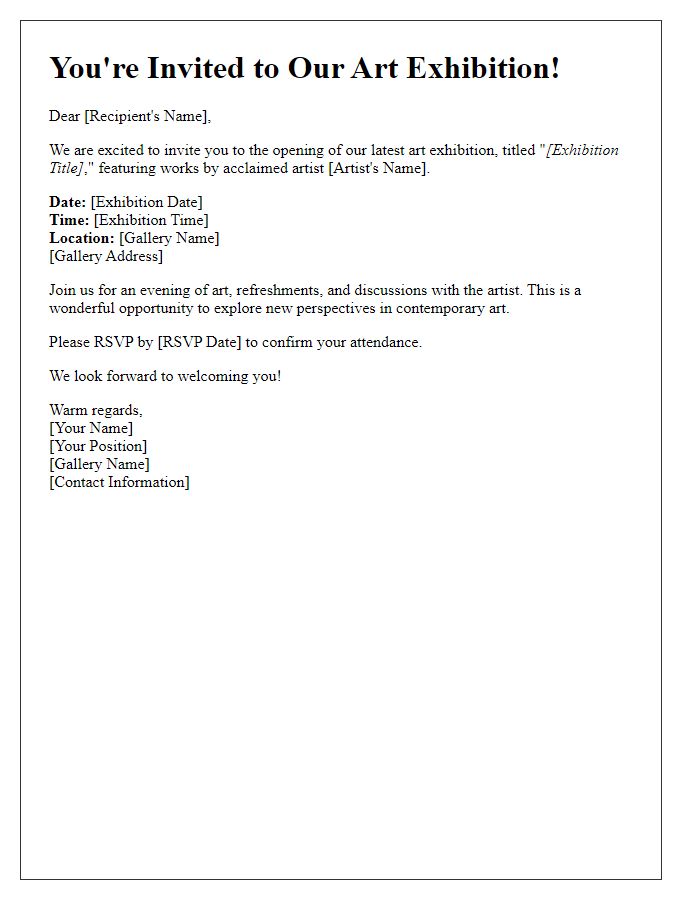 Letter template of art exhibition invitation for gallery openings