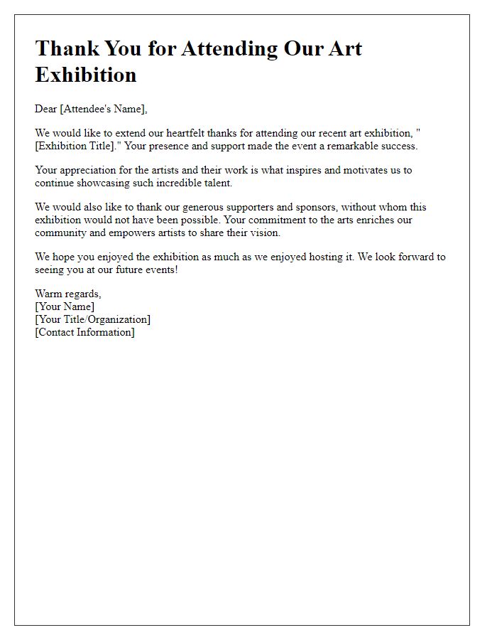 Letter template of art exhibition thank you for attendees and supporters