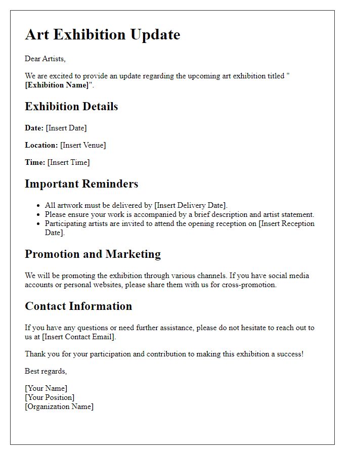 Letter template of art exhibition update for participating artists