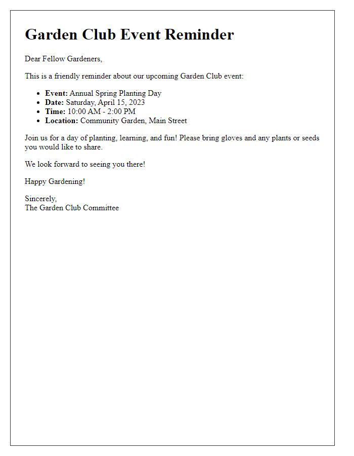 Letter template of garden club event reminder