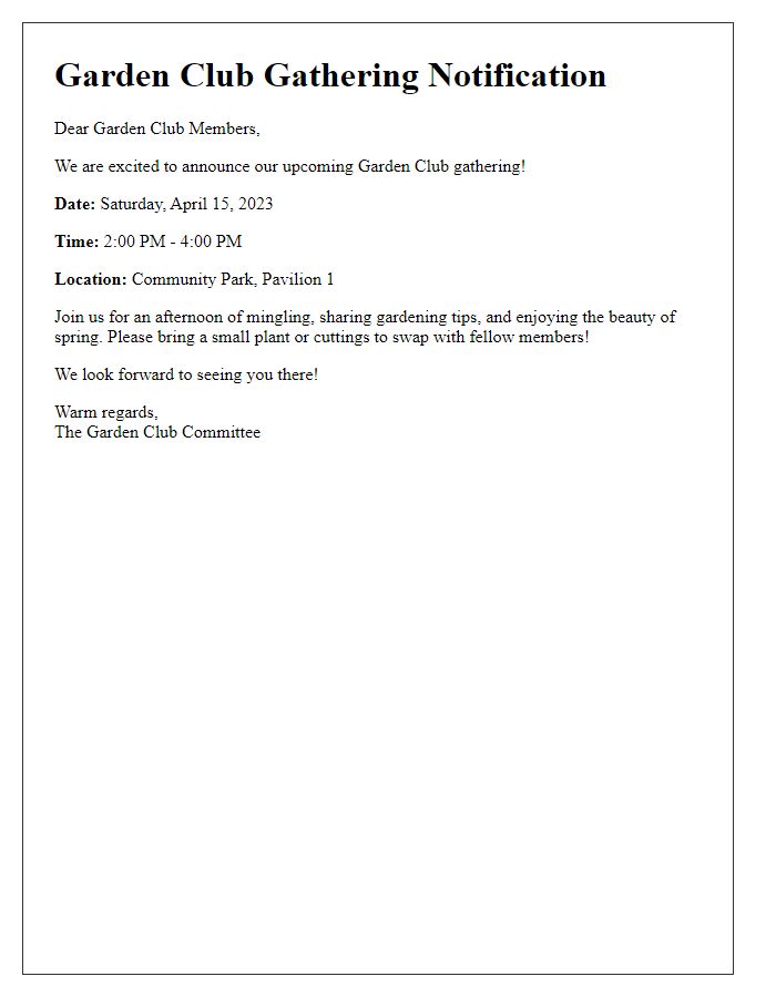 Letter template of garden club gathering notification