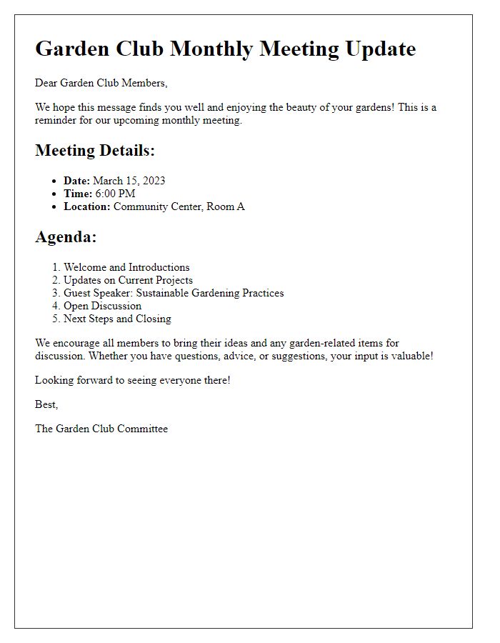 Letter template of garden club monthly meeting update