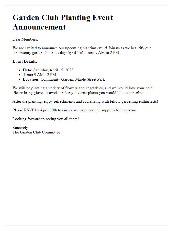 Letter template of garden club planting event announcement