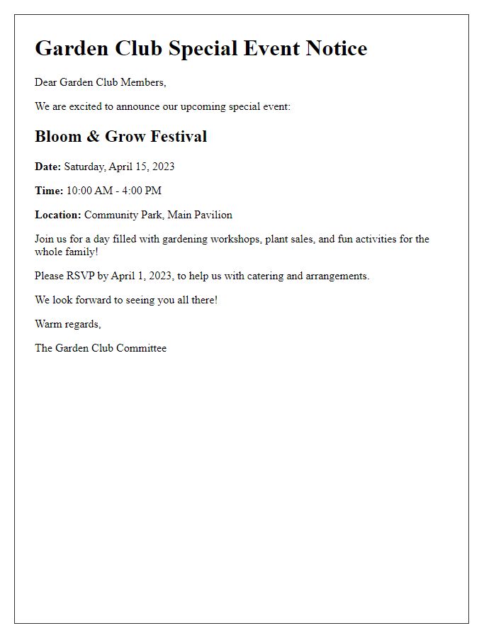 Letter template of garden club special event notice