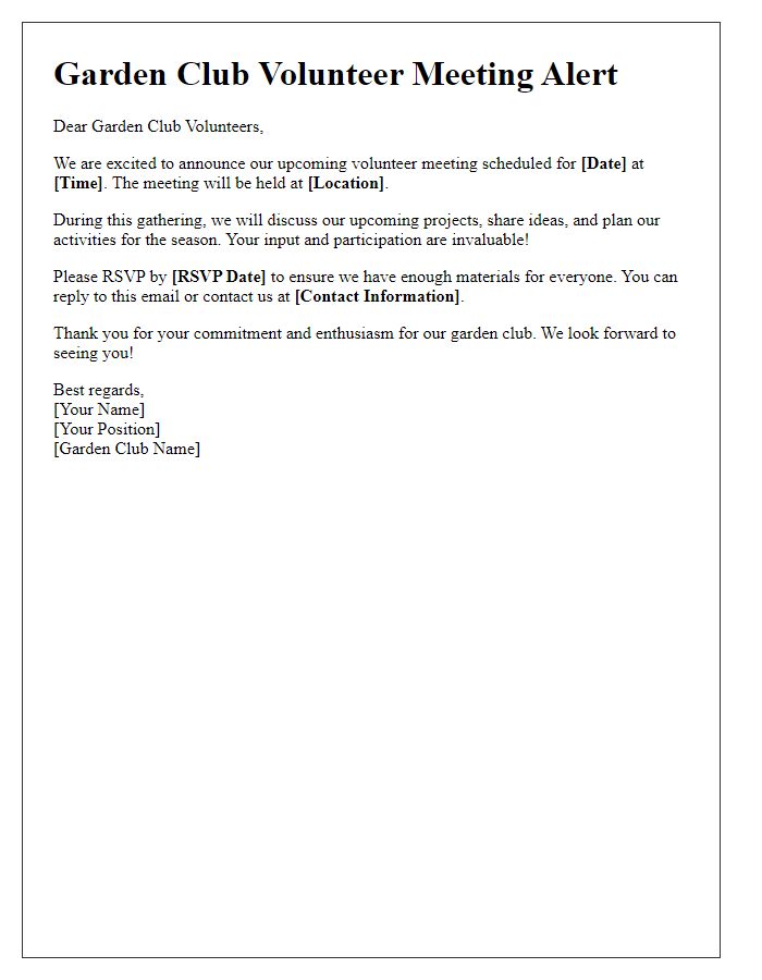 Letter template of garden club volunteer meeting alert