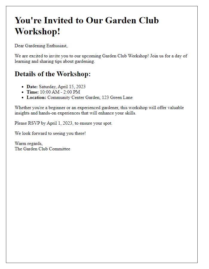 Letter template of garden club workshop invitation