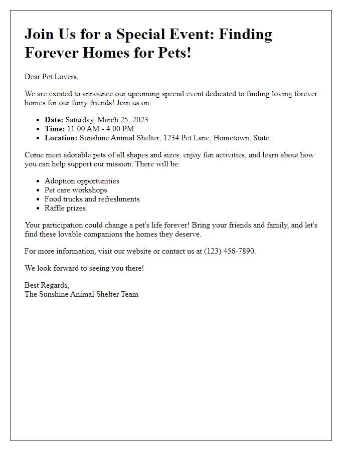 Letter template of special event for finding forever homes for pets.