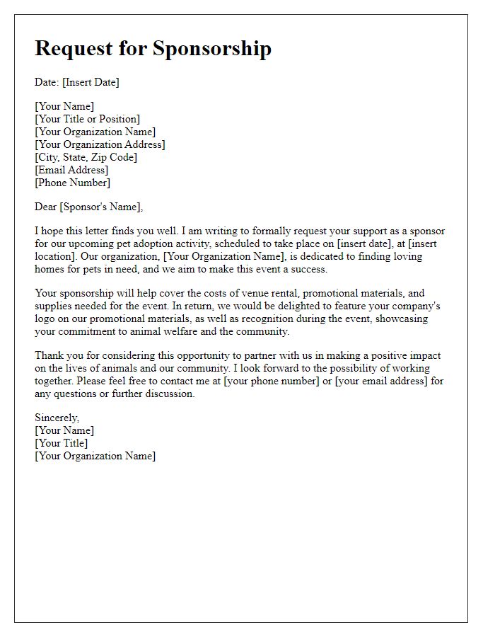 Letter template of sponsorship request for pet adoption activity.