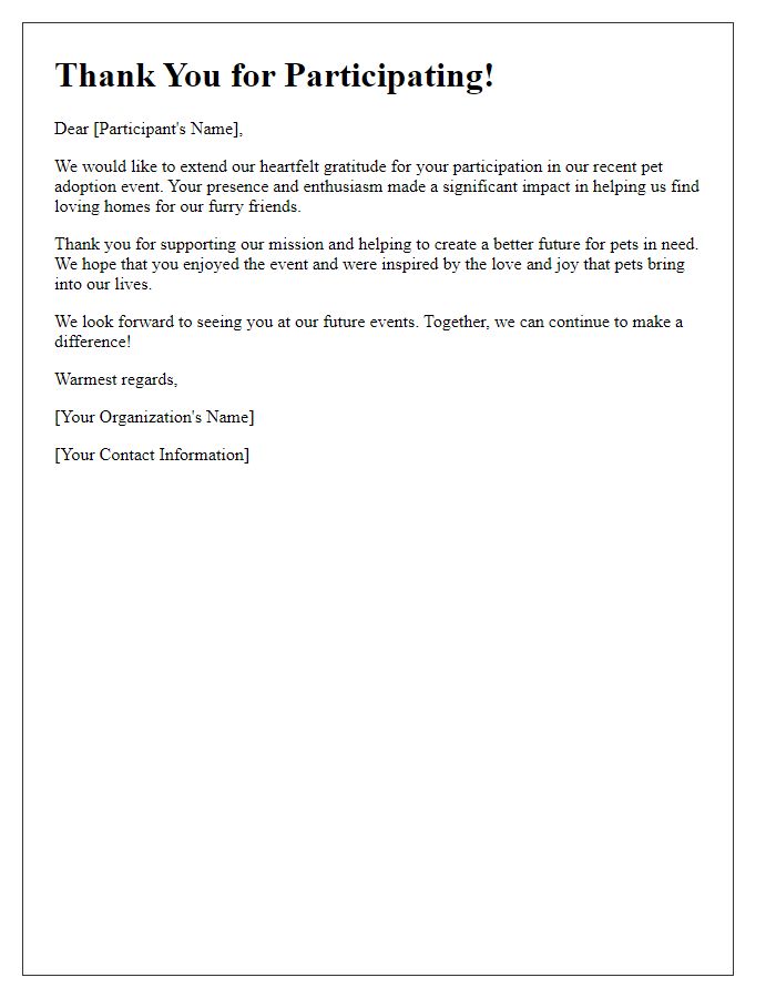 Letter template of thank you message for participants in pet adoption events.