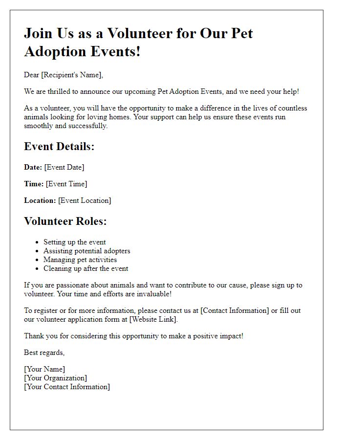 Letter template of volunteer recruitment for pet adoption events.