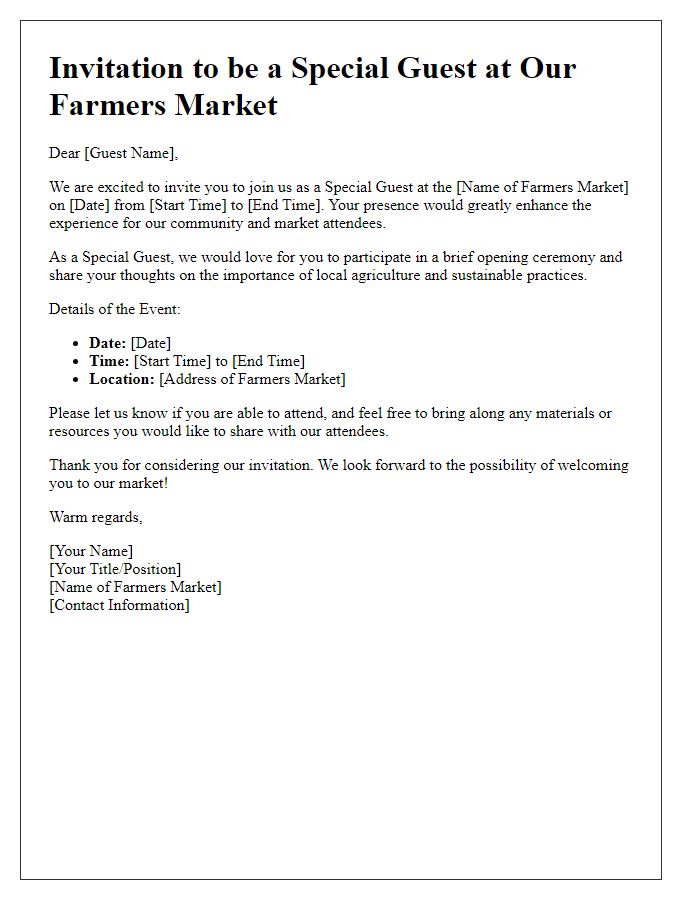 Letter template of Special Guests at Farmers Market