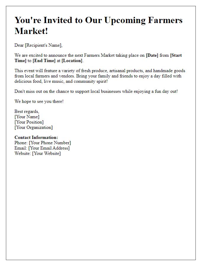 Letter template of Upcoming Farmers Market Event Announcement