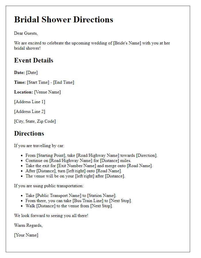 Letter template of bridal shower location directions