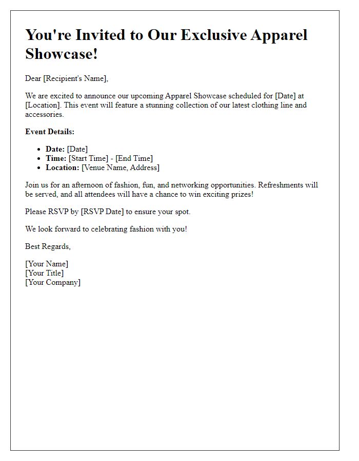 Letter template of Apparel Showcase Announcement