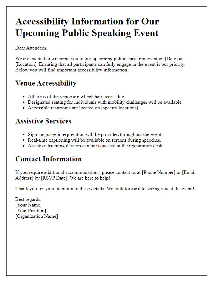 Letter template of public speaking event accessibility information for attendees.