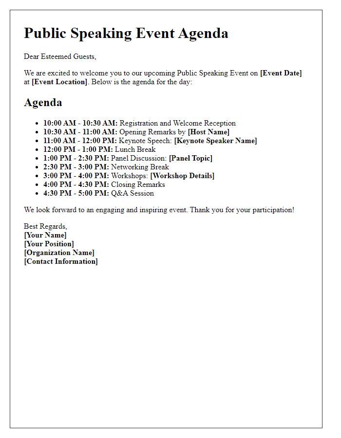 Letter template of public speaking event agenda distribution for guests.