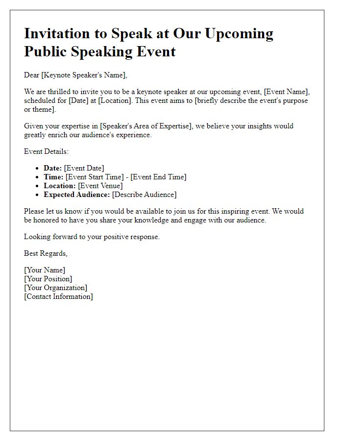 Letter template of public speaking event invitation for keynote speakers.