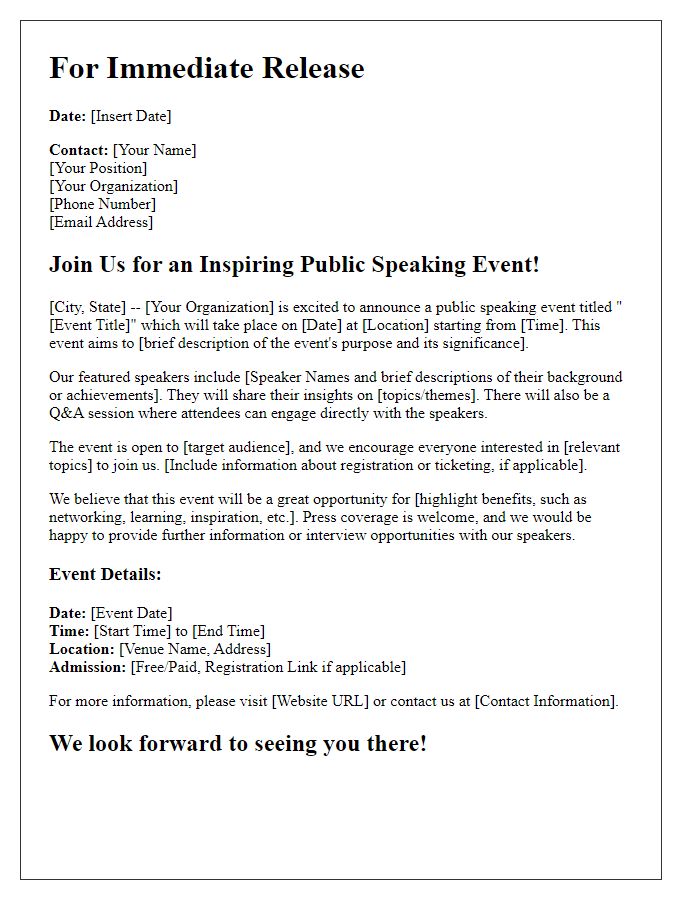 Letter template of public speaking event press release for media coverage.