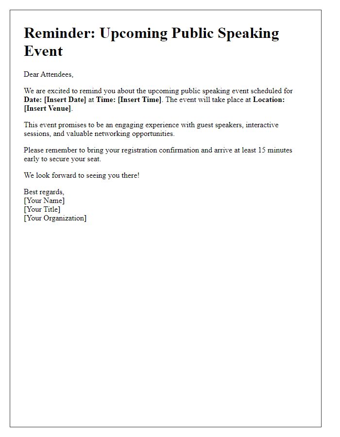 Letter template of public speaking event reminder for attendees.