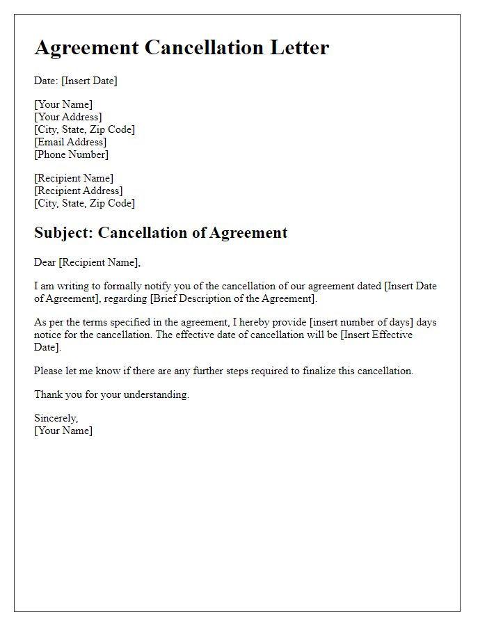 Letter template of agreement cancellation