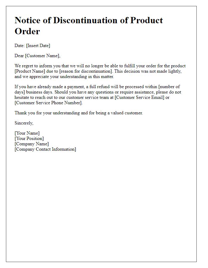 Letter template of discontinuation of product order