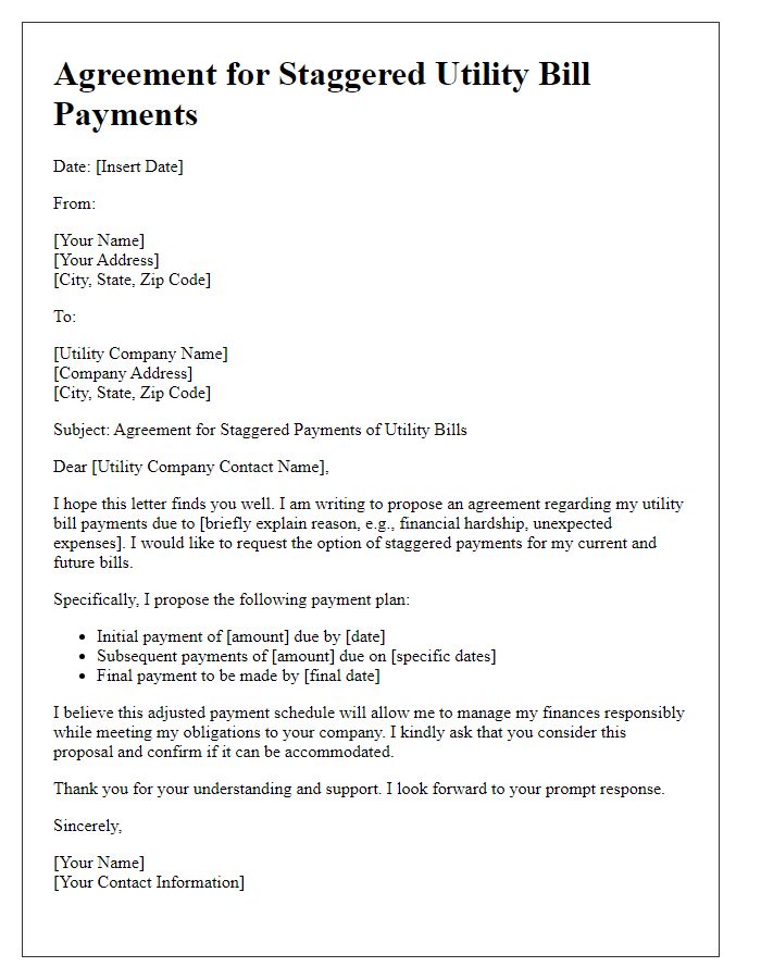 Letter template of agreement for staggered utility bill payments