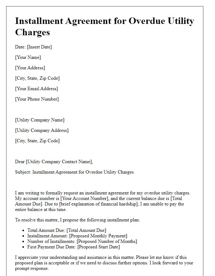 Letter template of installment agreement for overdue utility charges