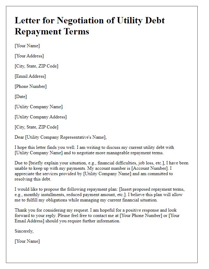 Letter template of negotiation for utility debt repayment terms