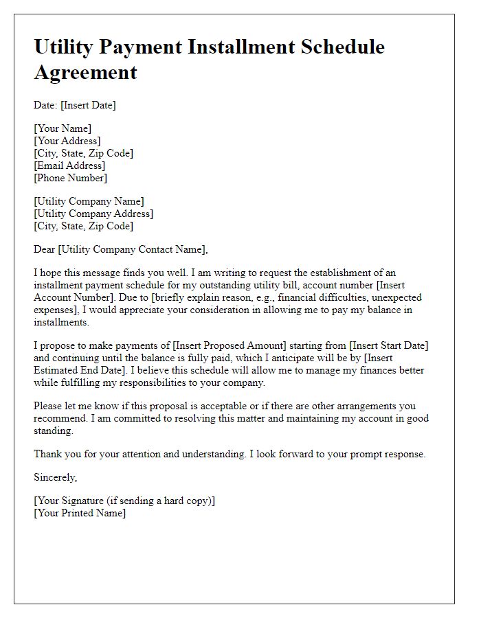 Letter template of setting up a utility payment installment schedule