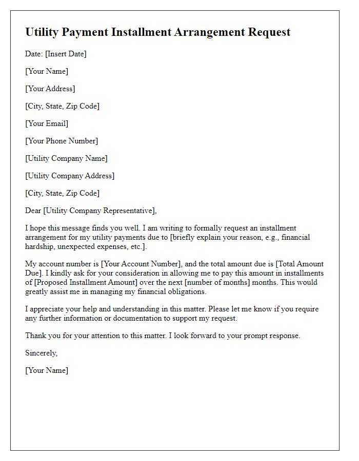 Letter template of utility payment installment arrangement request