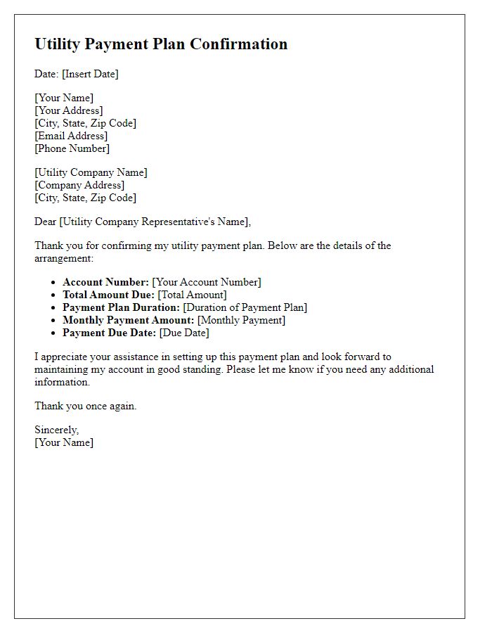 Letter template of utility payment plan confirmation