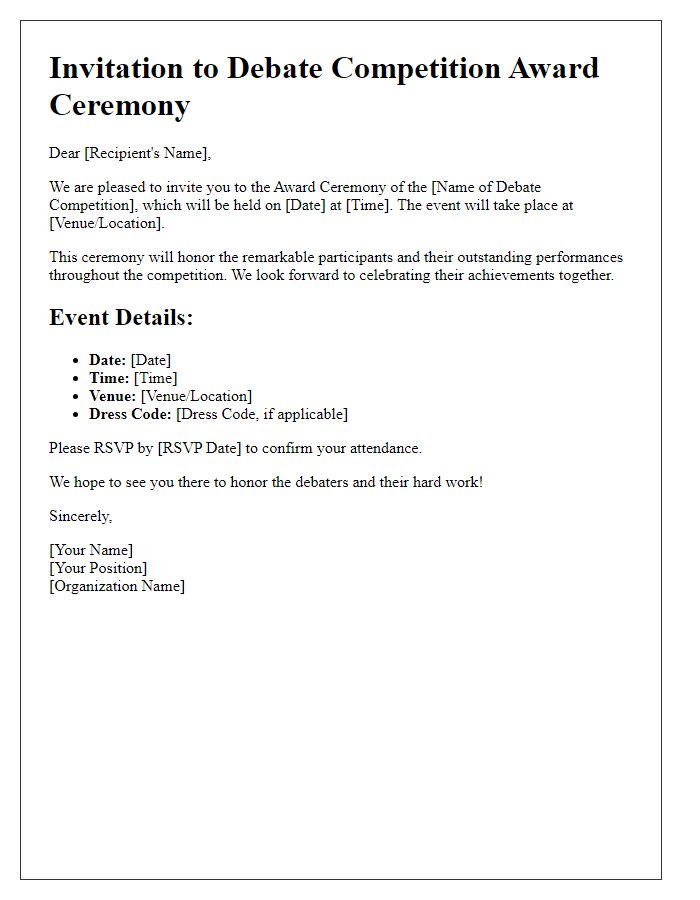 Letter template of debate competition award ceremony details