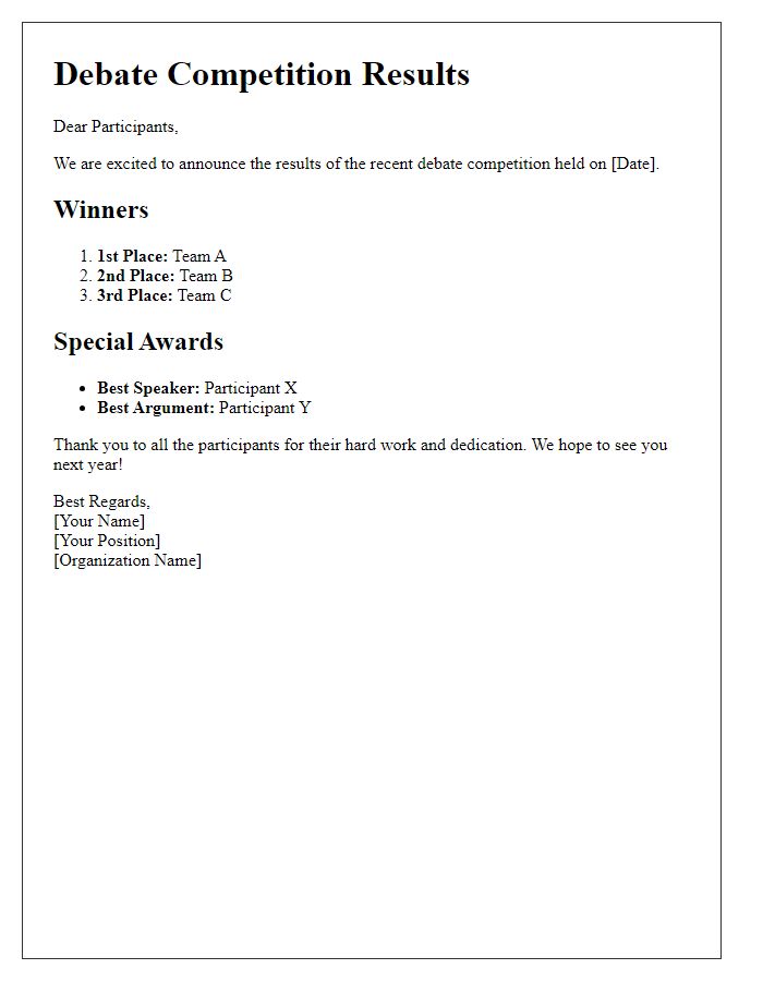 Letter template of debate competition results announcement