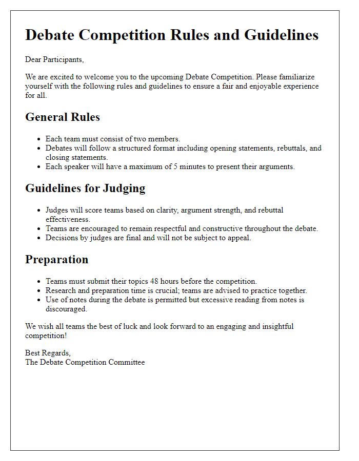 Letter template of debate competition rules and guidelines