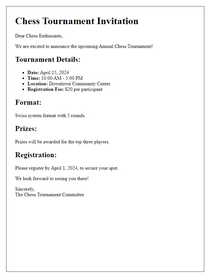 Letter template of chess tournament details