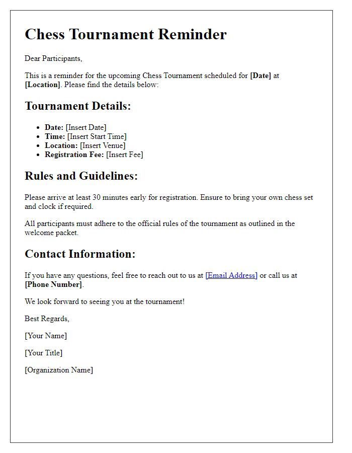 Letter template of chess tournament reminders