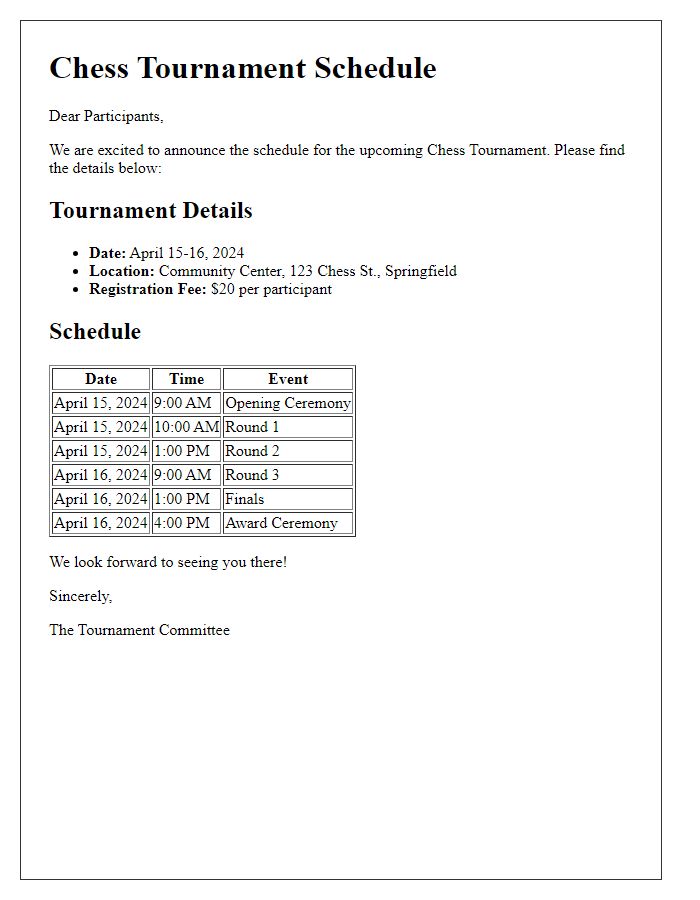 Letter template of chess tournament schedule