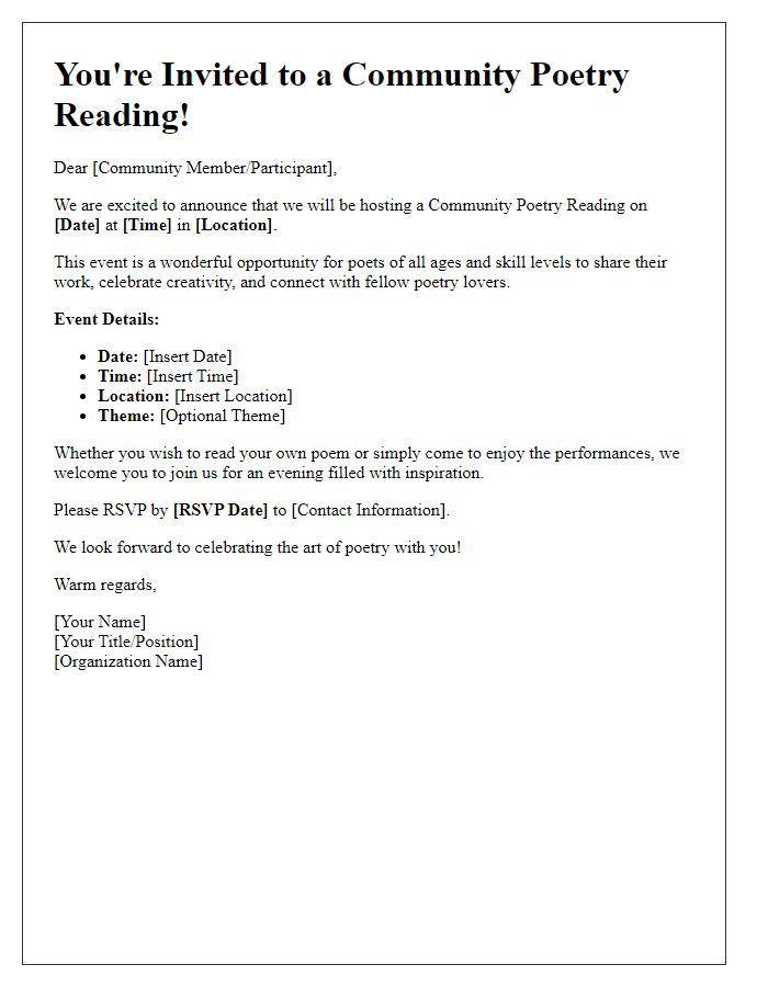 Letter template of announcement for community poetry reading.