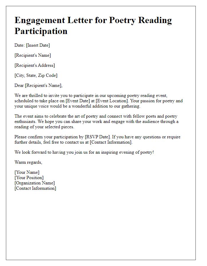 Letter template of engagement for poetry reading participation.