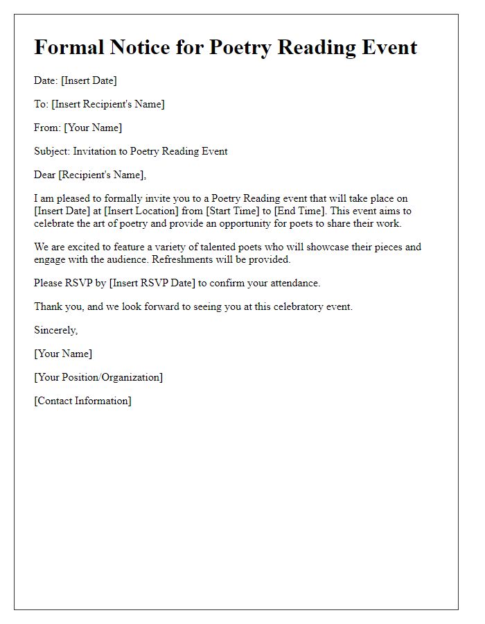 Letter template of formal notice for poetry reading event.