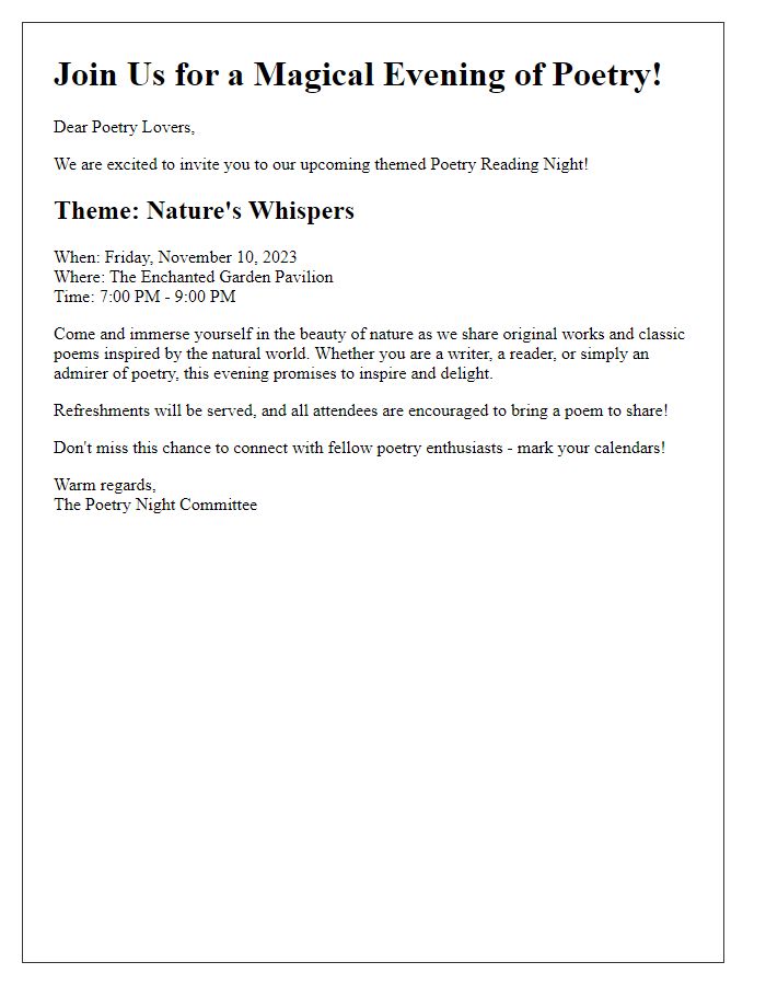 Letter template of promotion for a themed poetry reading night.