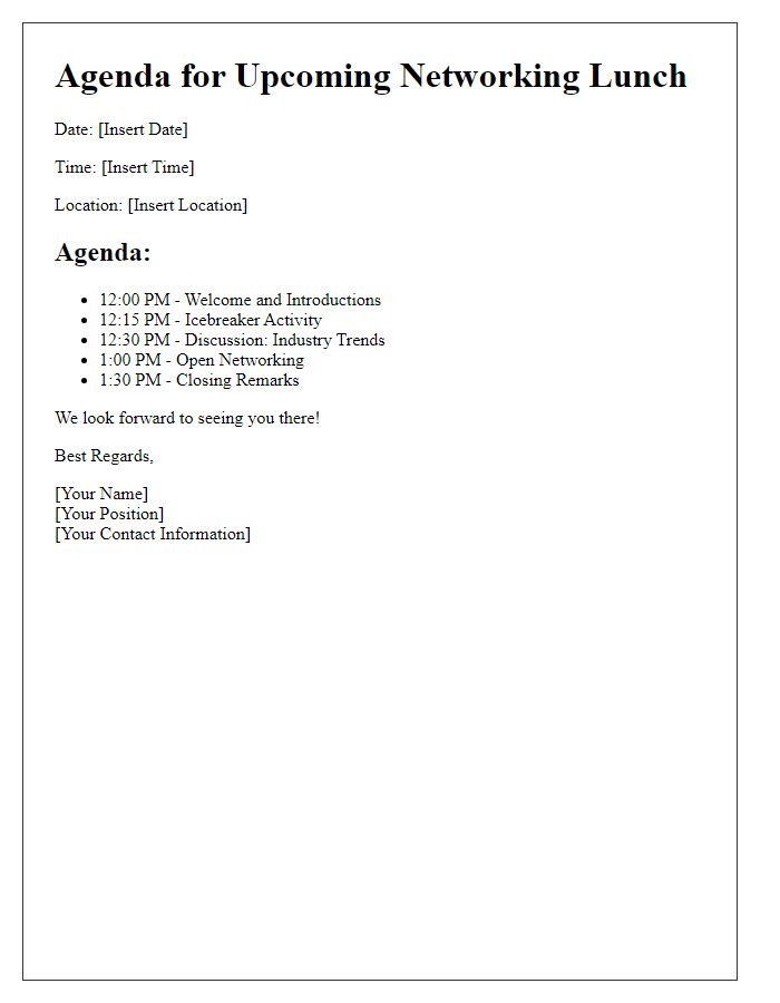 Letter template of Agenda for Upcoming Networking Lunch