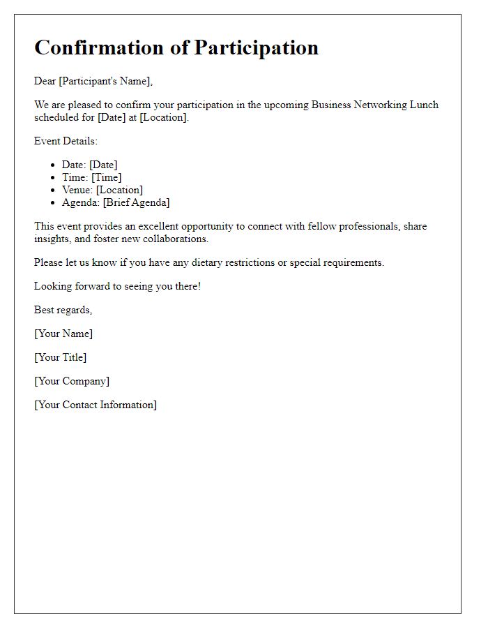 Letter template of Confirmation for Business Networking Lunch Participation