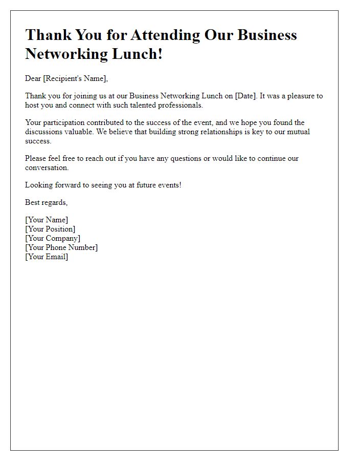 Letter template of Thank You for Attending Business Networking Lunch