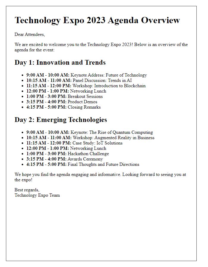 Letter template of technology expo agenda overview