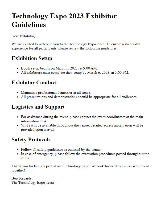 Letter template of technology expo exhibitor guidelines