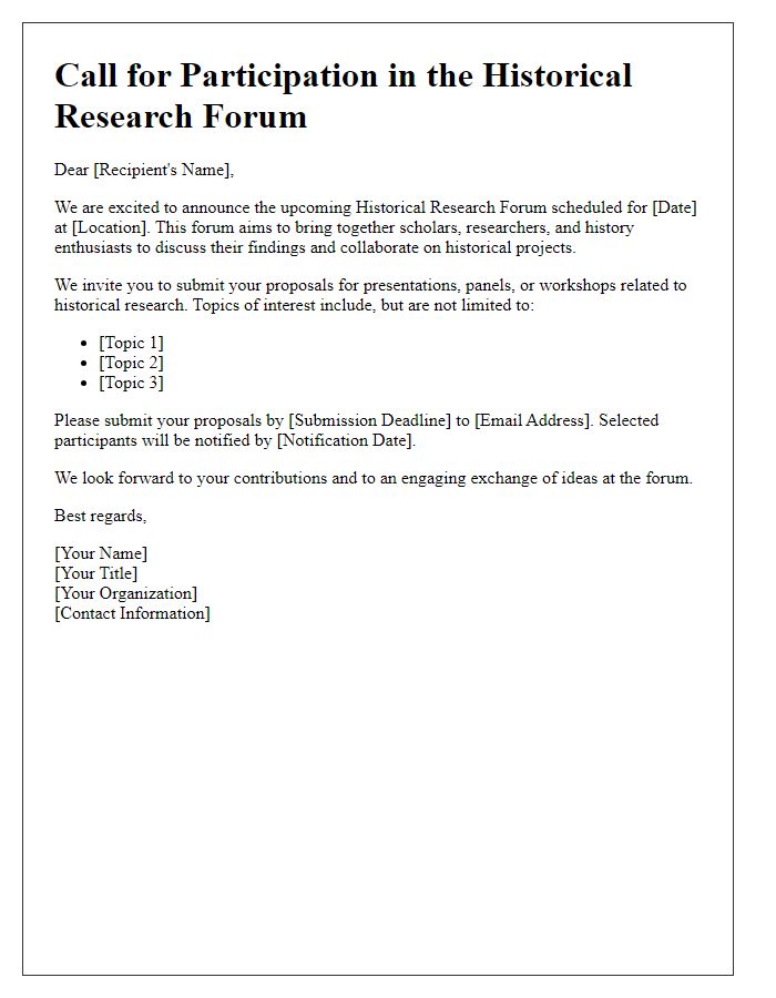 Letter template of call for participation in historical research forum