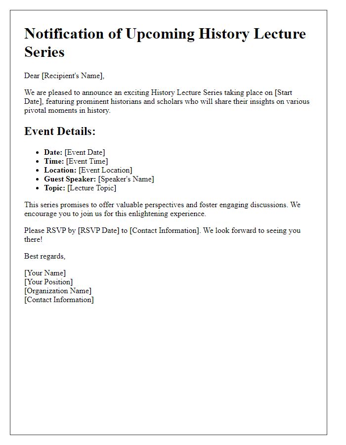 Letter template of event notification for history lecture series