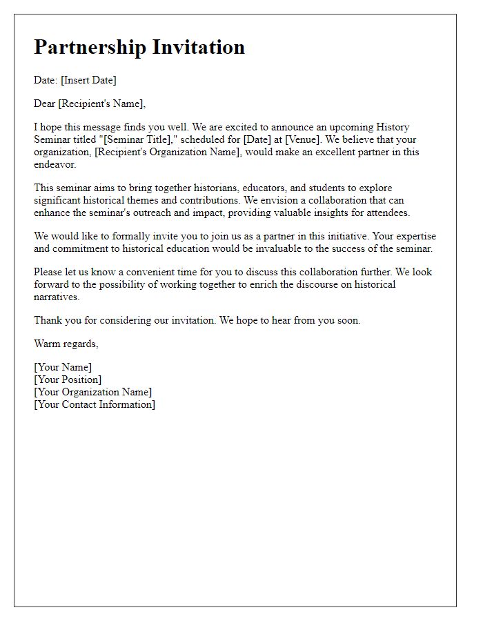 Letter template of partnership invitation for history seminar collaboration